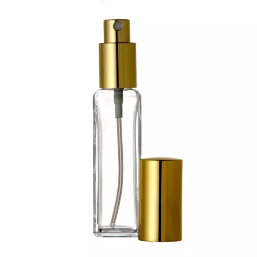 1 oz [30 ml] Clear Square Glass Bottle With Aluminum Gold Spray Lid [12 Pcs]