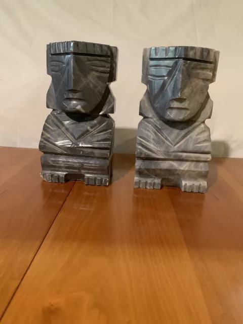 Pair Vintage Bookends Carved Aztec/ Mayan /Tiki Stone Onyx Marble Statue GRAY