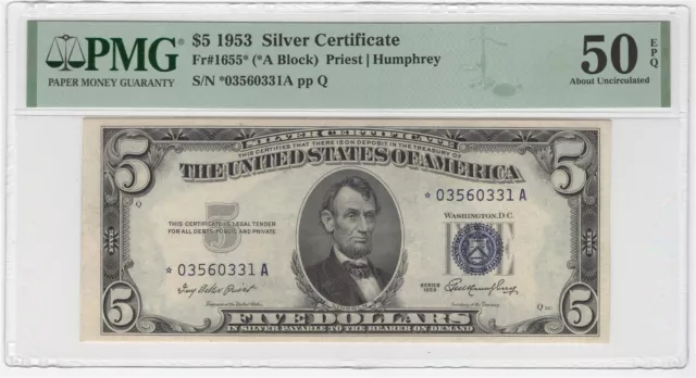 1953 $5 US Silver Certificate Fr#1655* *A Block (PMG 50 EPQ About UNC) STAR NOTE