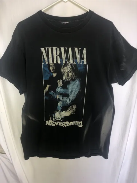 Vintage 90s Nirvana Nevermind T-Shirt Size L Black Kurt Cobain Band Rap Tee