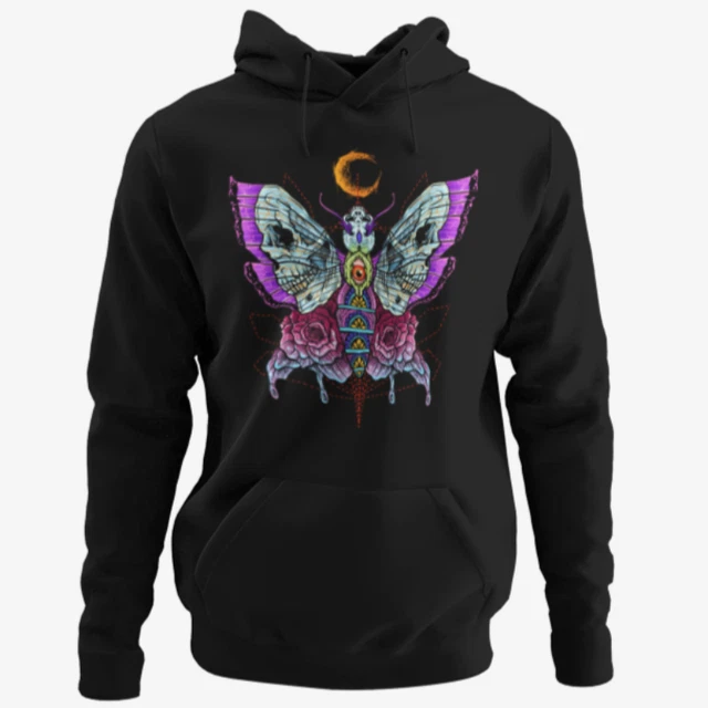 Felpa con cappuccio da uomo teschio farfalla gotica alternativa falena luna gotica
