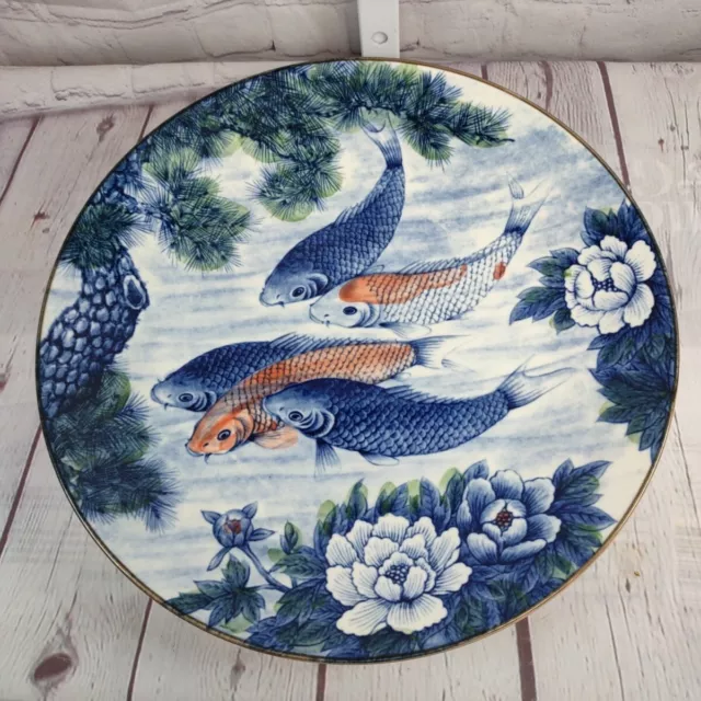 Vtg Sun Ceramics Japan 12" Porcelain Charger Wall Plate Red Blue Koi Fish Lotus