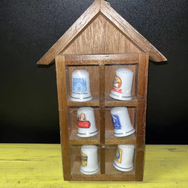 Wooden Thimble Display Case with 10 Vintage Porcelain Thimbles Included