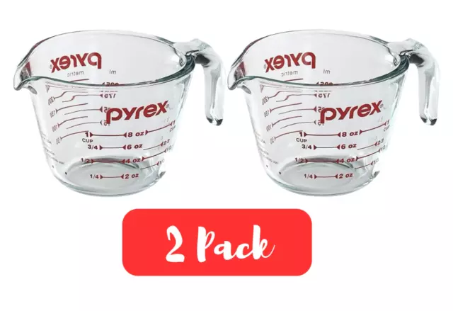 Pyrex Glass Measuring Cup Pyrex Cup 8 oz Handle Red Lettering USA - 2 PACK