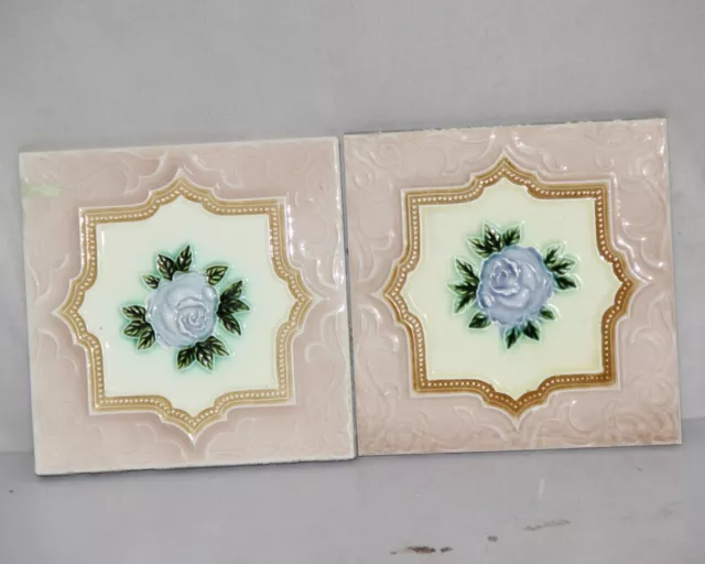 2 Pc Vintage Flower & Star Embossed Art Nouveau Architecture Tiles, Japan 10714