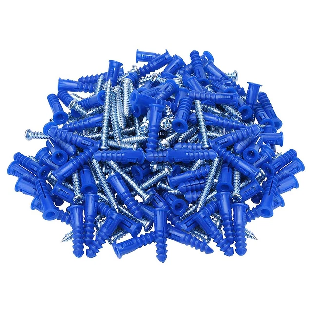 Ribbed Wall Anchors #10-#12 1-1/4-Inch with Screws 100-Pack, Blue