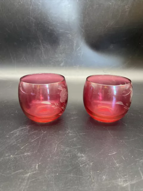 pair of vintage floral etched cranberry rolly polly rocks cocktail glasses 2