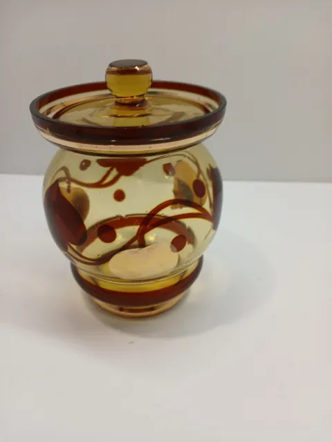VINTAGE Amber Painted Autumn Gold Guilt ElegantGlass Lidded Sugar Bowl 11cm Tall