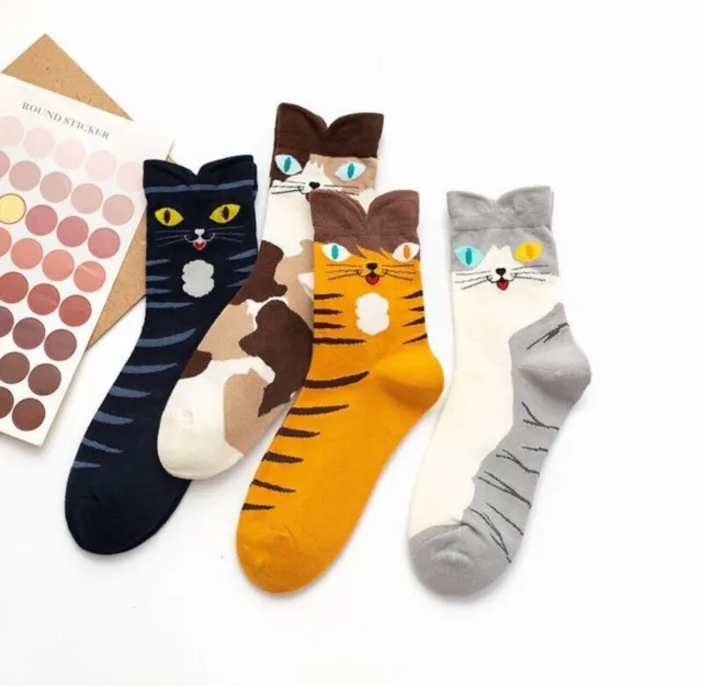 4 Pairs Women Cute Cotton Cat Socks Winter Premium Ladies Novelty Sock Size 4-7