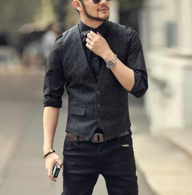 Men Retro Tweed Waistcoat Vintage Slim Fit Vest Herringbone V-Neck Groom XS-3XL 3