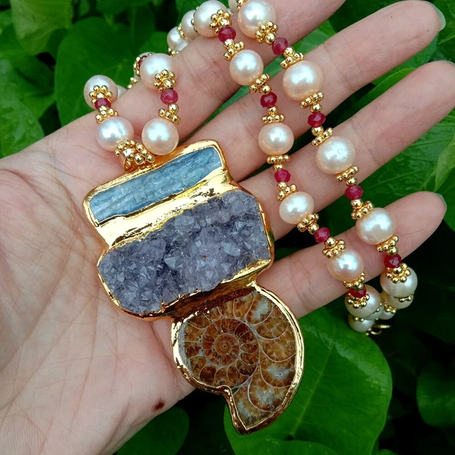 Cultured Pink Potato Pearl Red Jade Necklace Blue Kyanite Amethyst Druzy Pendant