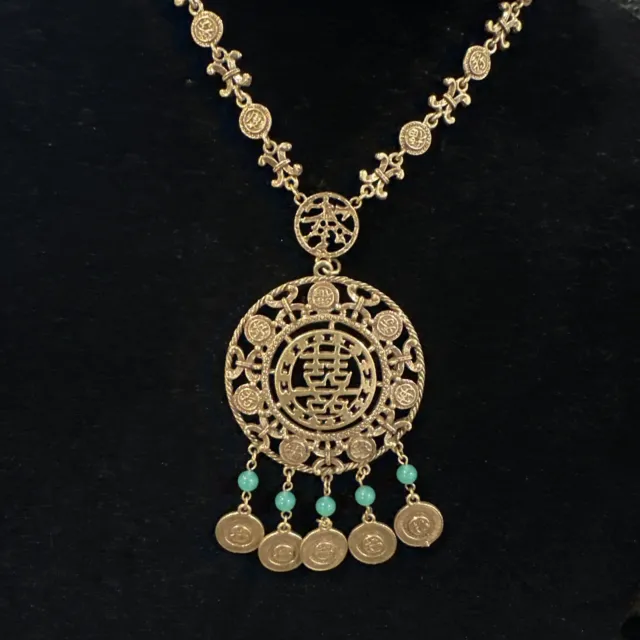 Goldette Necklace Large Pendant Vintage Gold Plate Bead Asian Inspired Oriental