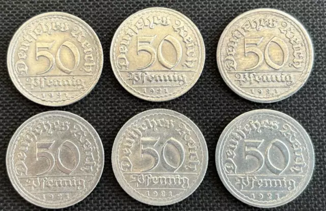 Deutsches Reich – 6 Münzen - 50 Pfennig – 1921 A, D, E, F, G, J - Aluminium