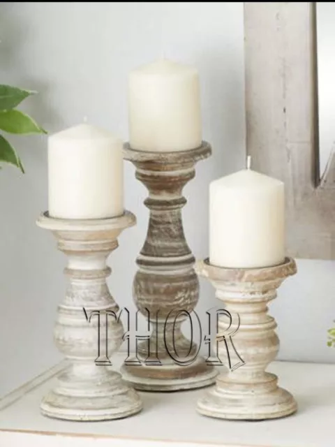 Wooden Candle Holders Pillar Candle Holder Set of 3 - Vintage Style White Candle