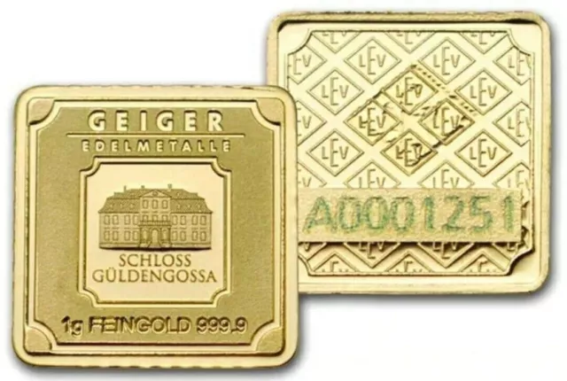 1 Gram PURE 24K GOLD Geiger 999.9 Bullion Certified Single Square Bar Germany