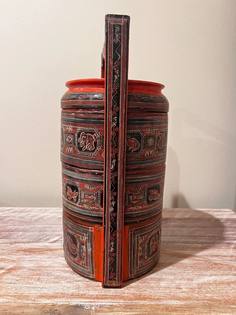 Antique Burmese Stacking Lunch Box / Tiffin Box With Underglaze Decor 3