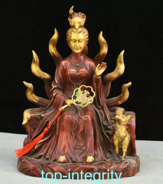 12.2'' Bronze Gilt Mythology legend Nine Tail Lowrie Fairy Fox Immortal Statue