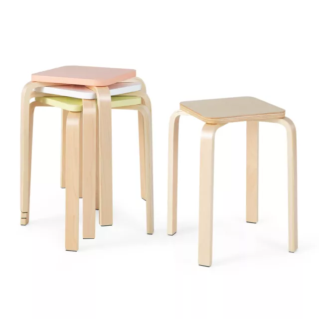 Giantex 4Pcs Square Stools Stackable Colorful Dining Stools Willow & Birch Wood