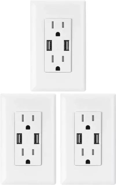 USB Outlet Wall Charger 3.1A Electrical 15A TR Receptacle with Wall Plate 3 Pack