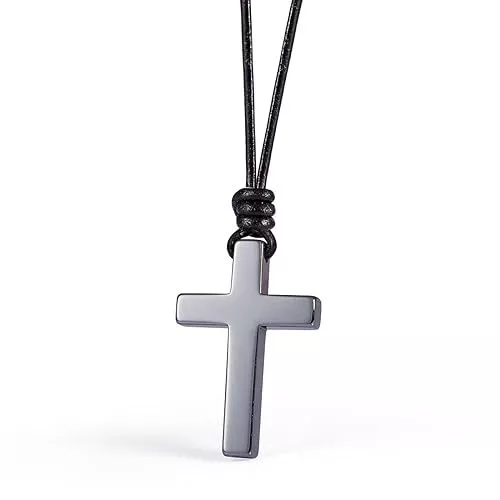 Stone Cross Pendant Adjustable Leather Necklace Gift for Men (Hematite)