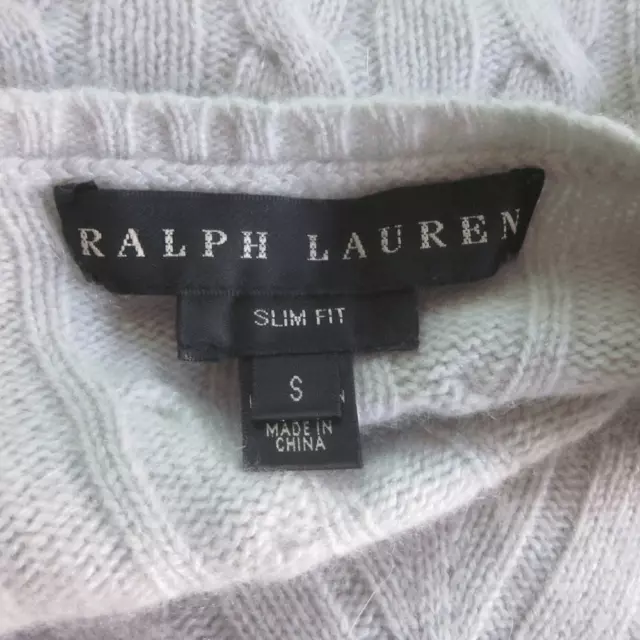 Ralph Lauren Black Label Cabled V-Neck 100% Cashmere Slim Fit  Size S Light Gray 3