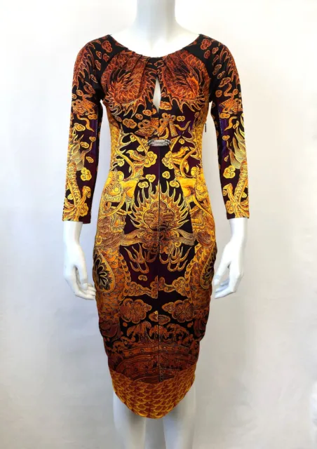 NWT ROBERTO CAVALLI Gold Multicolor Baroque Print Knitted Dress 38 2 ...