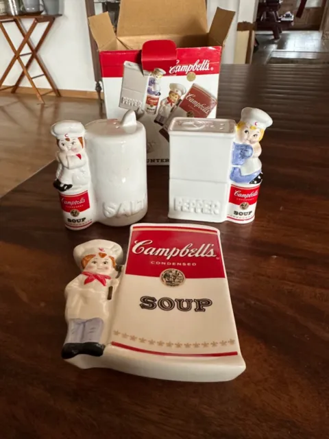 Cambells Soup 3 pc Ceramic Counter Set Salt & Pepper Shakers & Spoon Rest 1997