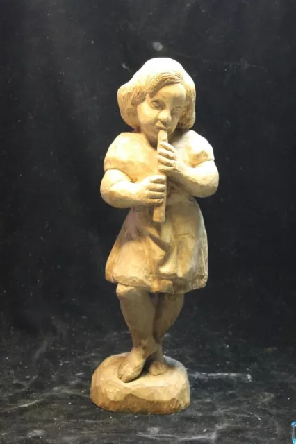 Alte Holz Figur Kind Junge Flöte spielend 35cm braun 70erJ Deko Handgeschnitzt