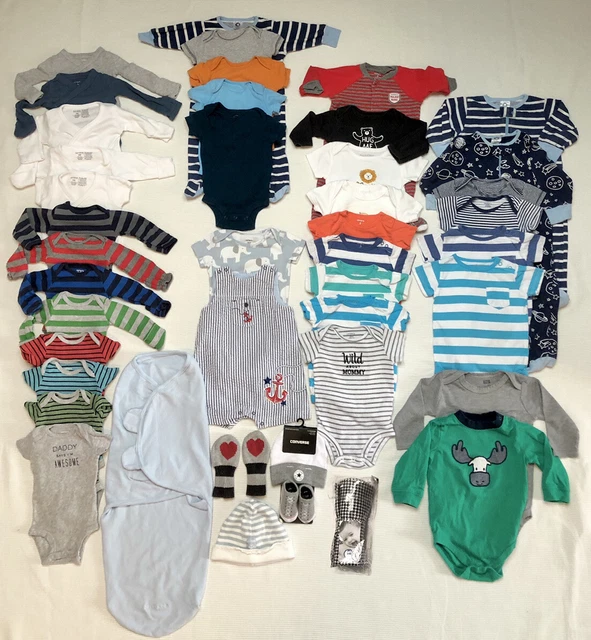 Baby Boy: 42 Piece Lot: NB, 0-3M, 3M, 6M, 6-9M Clothes, Swaddle & Accessories