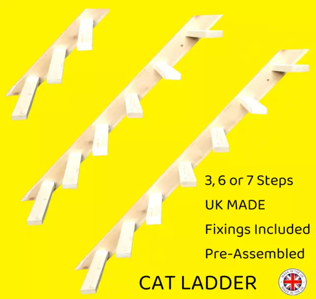 3, 6 or 7 step Cat Ladder For Wall or Fence, Wide rungs, Pet Steps - Made in UK