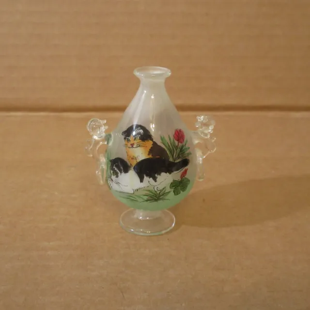 Vtg Chinese Inside Reverse Hand Painted Small Glass Snuff Bottle Urn Kitten Cats