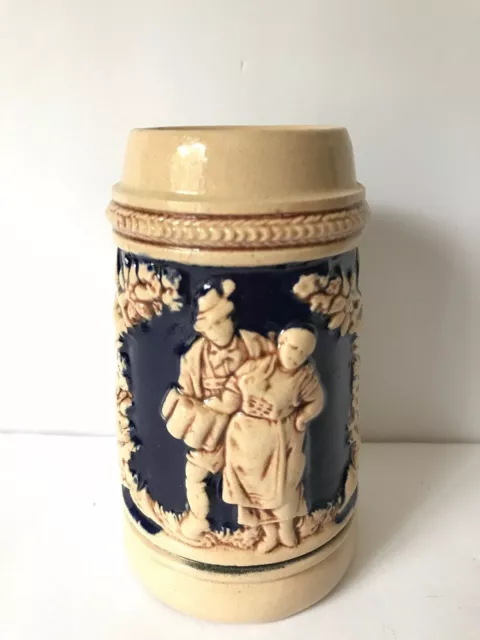 Vintage Miniature German Beer Stein with Cottage Images in Beige and Dark Blue