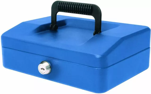 Helix Cash Box Lockable with Removable Coin Tray x2 Keys - 8 inch - Blue Steel