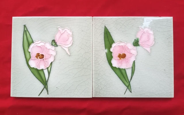 2 Piece Old Art Deco Floral Design Embossed Majolica Ceramic Tiles England 0385