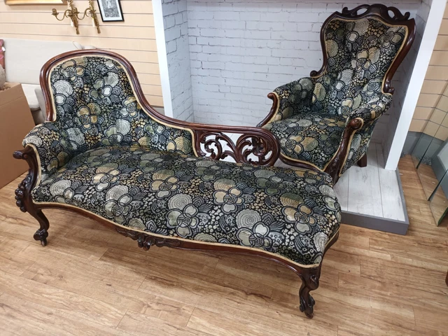 Victorian Chaise Longue + Antique Lounge Chair Sofa Set Armchair