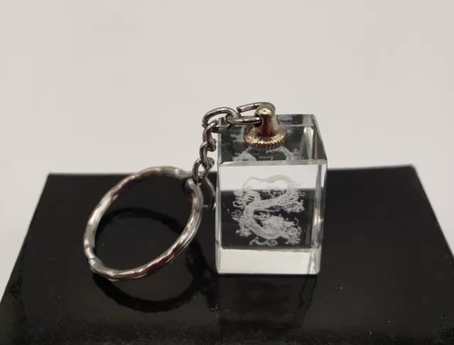 Laser Etched 3D Crystal Dragon Key Chain w Original Box 1" Novelty Gift for Him