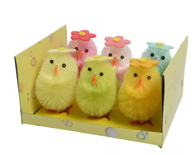 6 Osterküken 6,5cm Chenille Osterdeko Plüsch Frühlingsdeko Huhn Mütze Blume bunt