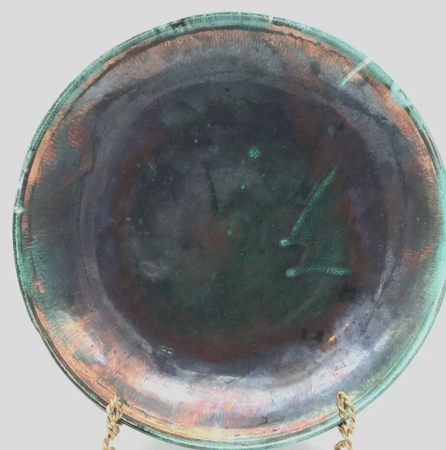 Raku Art Pottery Plate Large Decorative Teal & Copper Art Pottery Dish