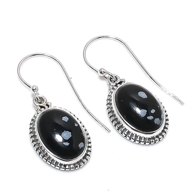 Snowflake Obsidian Gemstone 925 Solid Sterling Silver Jewelry Earring 1.25"