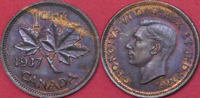 Brilliant Uncirculated 1937 Canada 1 Cent Toned