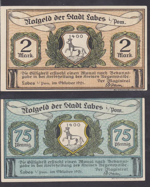 Labes (Pommern) 2 Mark + 75 Pfennig, Erhaltung s. Scans, Selten (Nr.60)