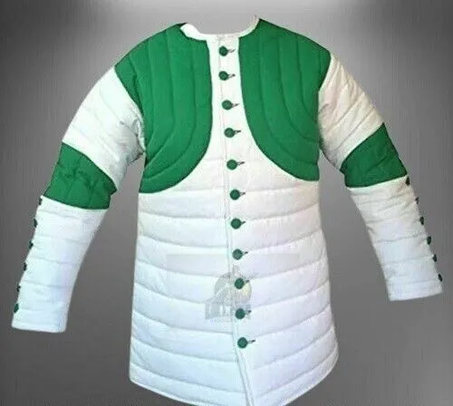 DGH Cotton Gambeson Green&White Medieval Padded Full Sleeve with detachable slee