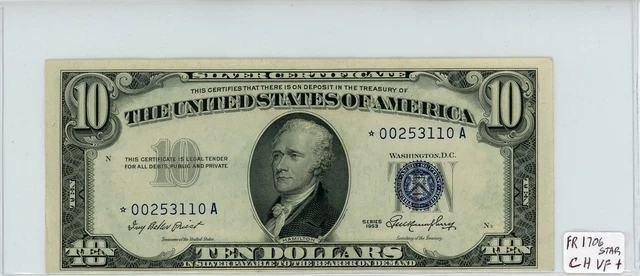 1953 $10 Silver Certificate Star Note Fr. 1706* Choice VF+ Condition *00253110A