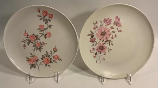 Set of 2 Melmac Watertown Lifetime Ware 10" Dinner Plates Rose & Cosmos Patterns