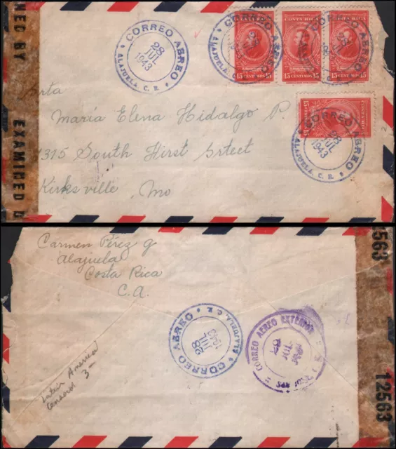 Costa Rica to Kirksville MO, 1943, censor #12563