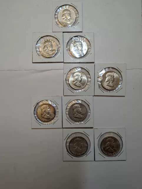 (1)1954,2  1957  2 1960 2 1962 2 1963 Benjamin Franklin Half Dollars 90% Silver