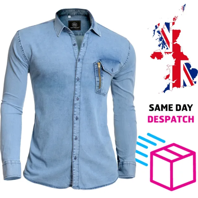 Designer Mens Blue Denim Shirt Decorative Golden Zipper Chest Pocket Long Sleeve