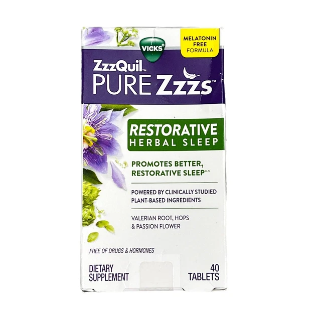 Vicks ZzzQuil PURE Zzzs Restaurativo Sueño Herbal (40 Tabletas) Expiración 10/23