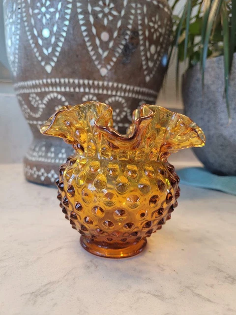 Vintage Fenton Art Glass 3" Amber Gold Hobnail Ruffled Open Rose Bowl Vase