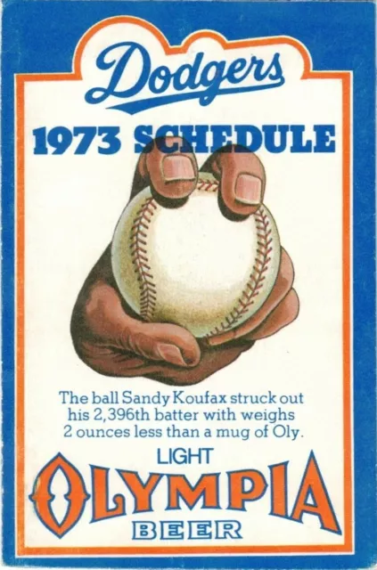 1973 Los Angeles Dodgers pocket schedule sponsored by Light Olympia Beer
